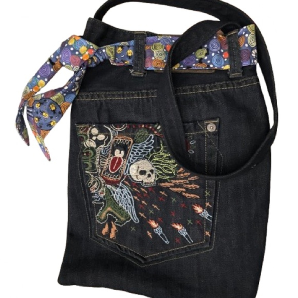 Embroidered Denim Shoulder bag with Colorful Scarf - Picture 8 of 9